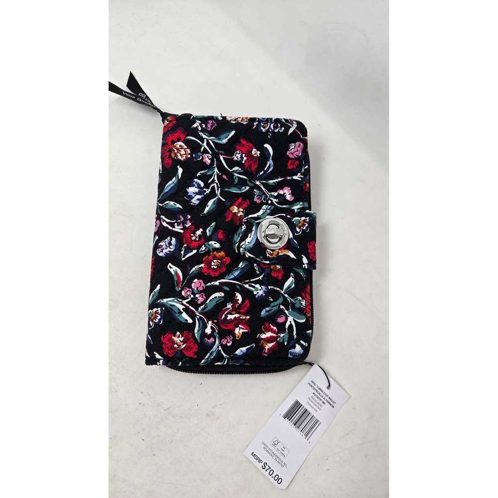 Vera Bradley RFID Turnlock Wallet Perennials Floral Black Quilted Cotton NWT
